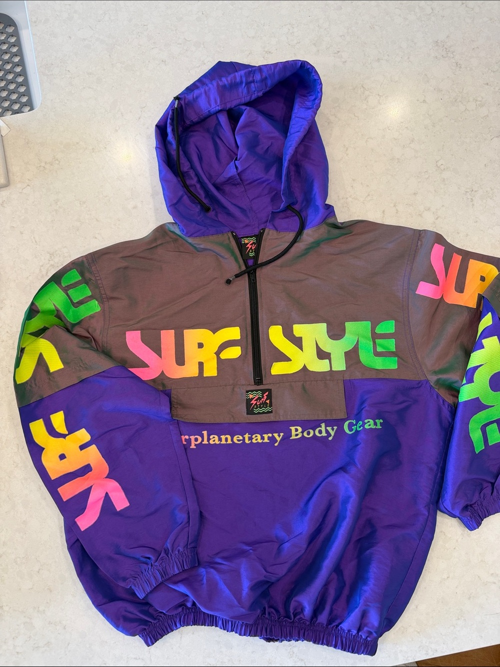 Vintage Surf Style Windbreaker Jacket Neon Colorblock Pullover Hooded Size small